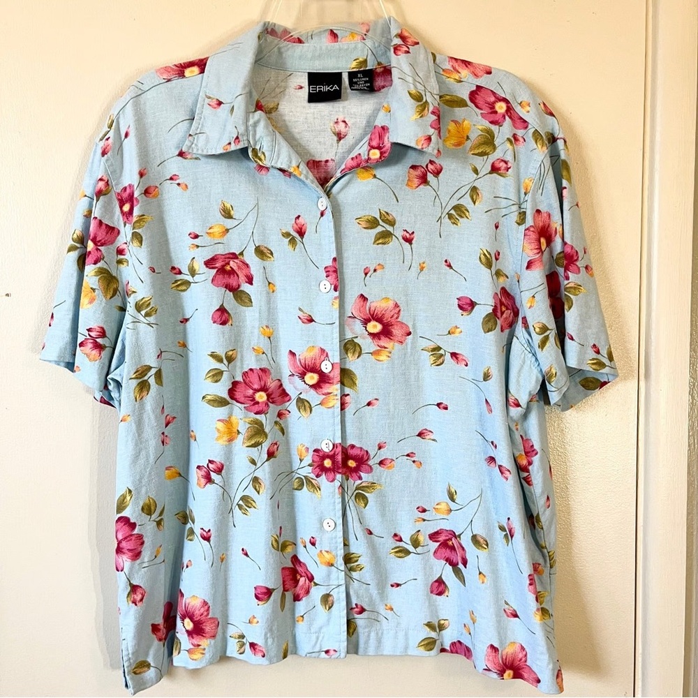 Erika L linen rayon blend boxy button front blue floral short sleeve shirt